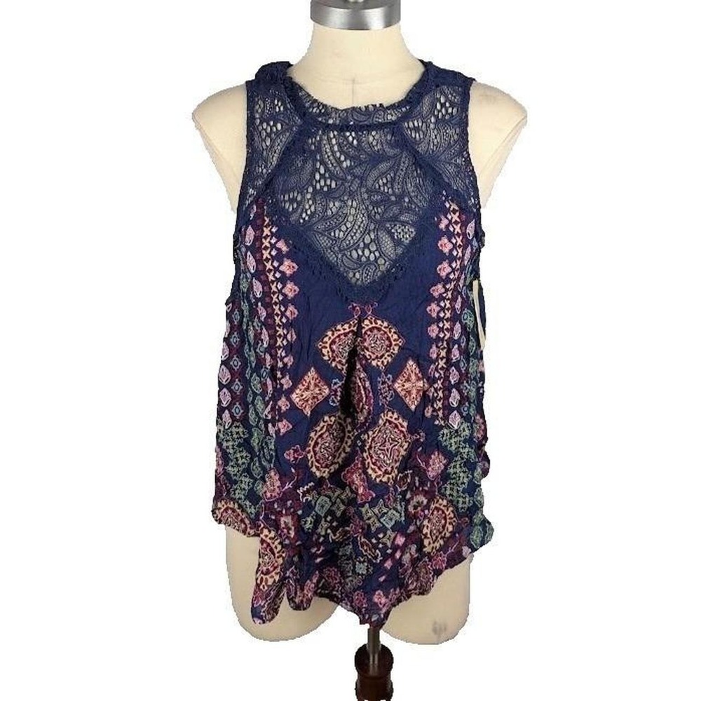 American Rag Juniors' Lace-Trimmed Top Blue Size M Sleeveless Boho Paisley